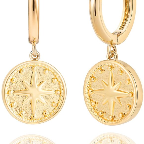Gold Coin Earrings, Gold Huggie Dangle Earrings for Women, 14K Gold Plated Charm - Picture 1 of 7
